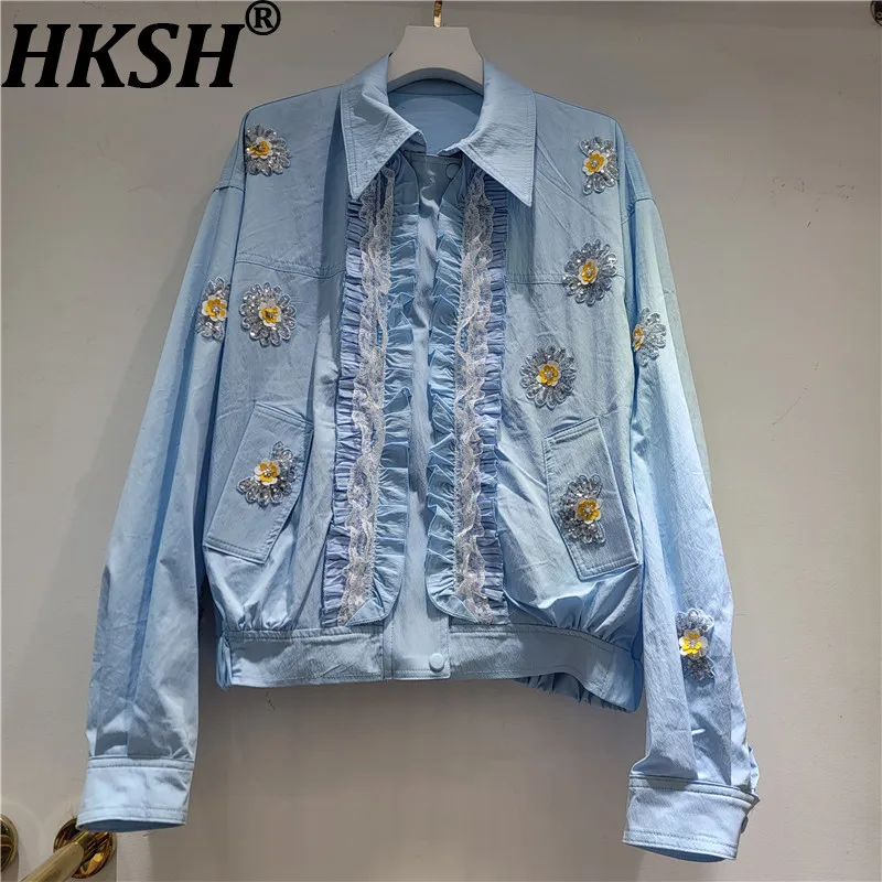 

HKSH 2026 Spring Autumn New Women Jacket Ruffled Lace Sequined Single Breasted Turn-down Collar Long Sleeves Casual Coat HK17623