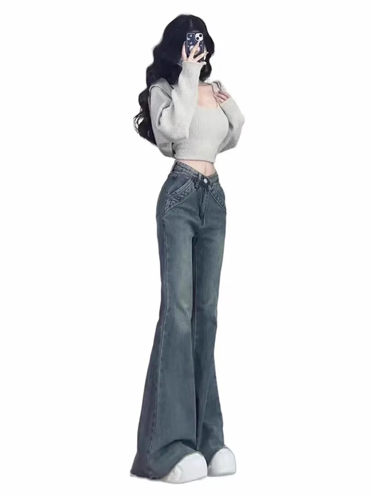 الرجعية الأمريكية تصميم الريش الجينز المرأة حجم كبير عالية الخصر القطن تمتد الدنيم الأزرق السراويل الطويلة موسم الربيع