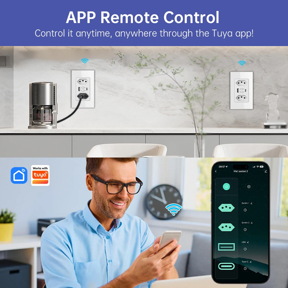 MANHOT 16A Brazil Smart Dual Wall Socket Switch USB Type-C Plug Outlet APP/Voice  Control Work with Smart Life Alexa Google Home