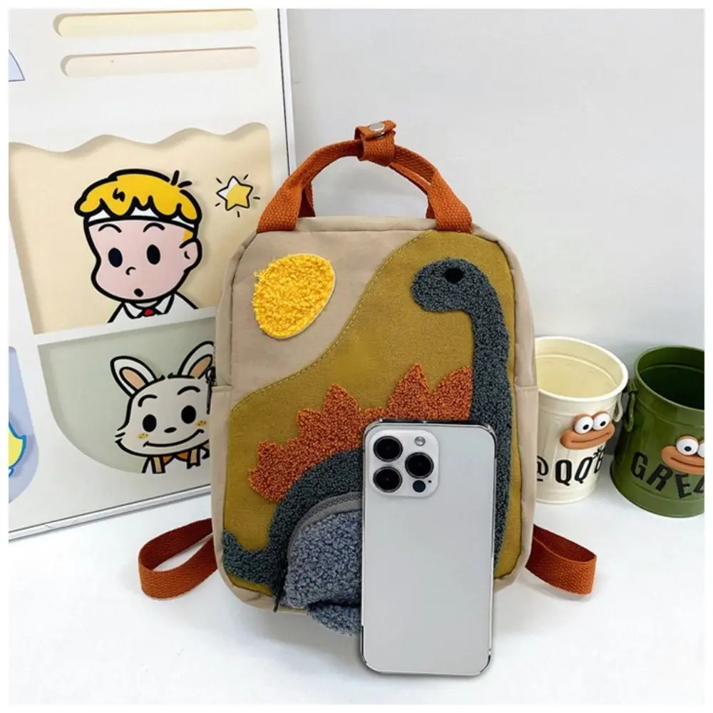 Long Neck Small Dinosaur Kindergarten Children Backpack Cartoon Canvas Kindergarten School Bags Hook Hair Embroidered Baby Bag