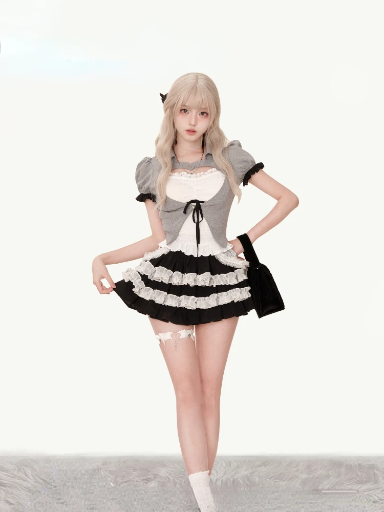 2024 Summer Japanese Sweet Slim 3 Piece Set Women Causal Y2k Cardigan + Kawaii Cute Vest + Elegant Lace Mini Cake Skirt New
