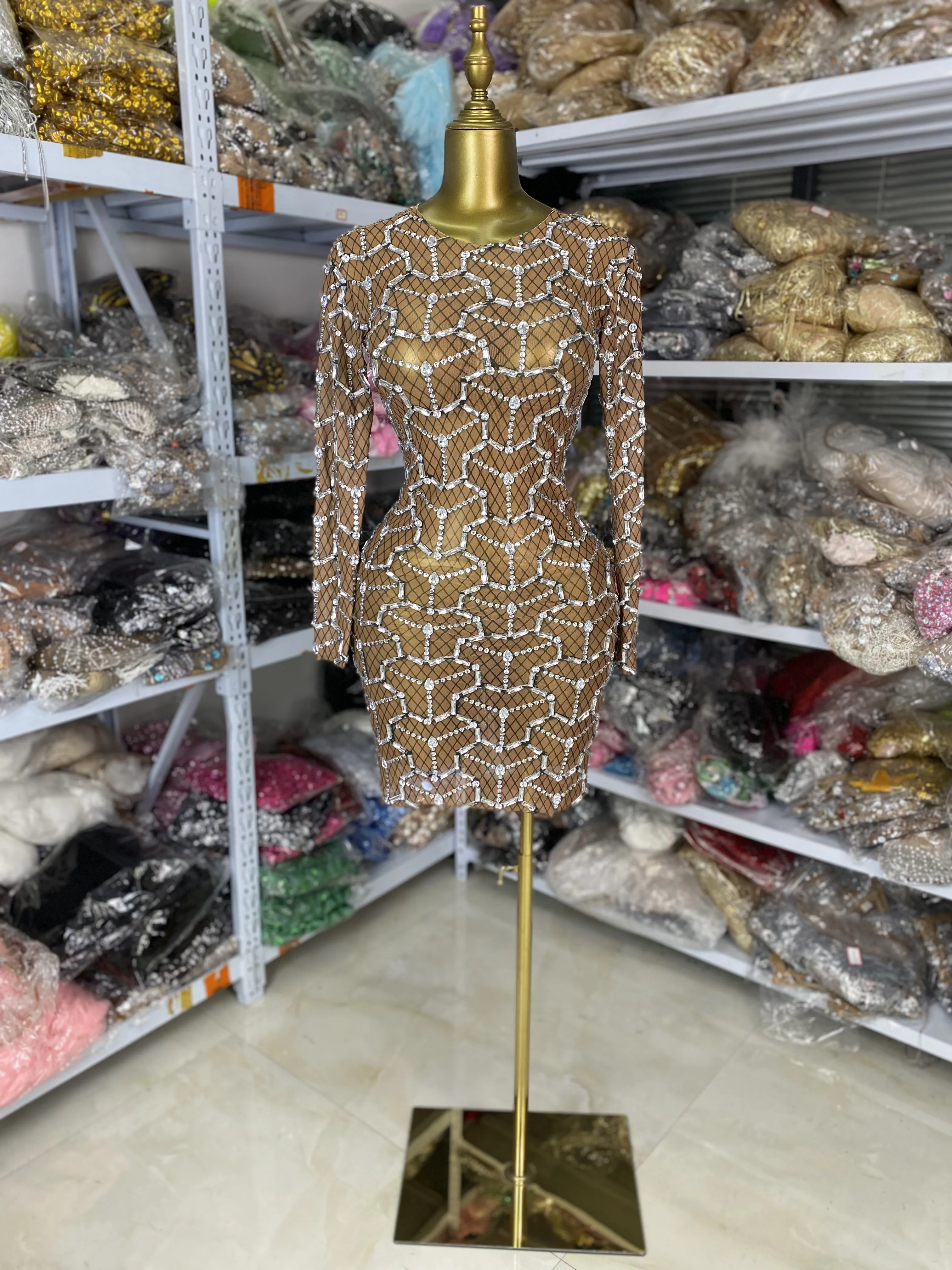 Women Luxury Printed Shiny Rhinestones Brown Mesh Long Sleeve O-Neck Bodycon Mini Celebrity Evening Club Party Dress Costumes