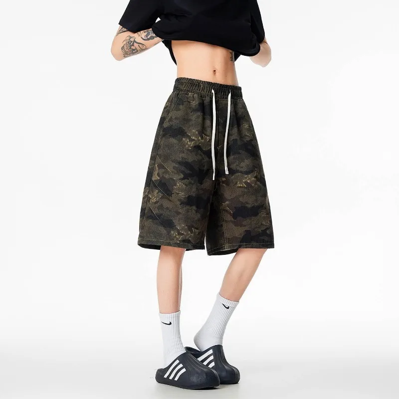 

Mens Elastic Drawstring Waist Camo Print Loose Knee Length Casual Cargo Shorts