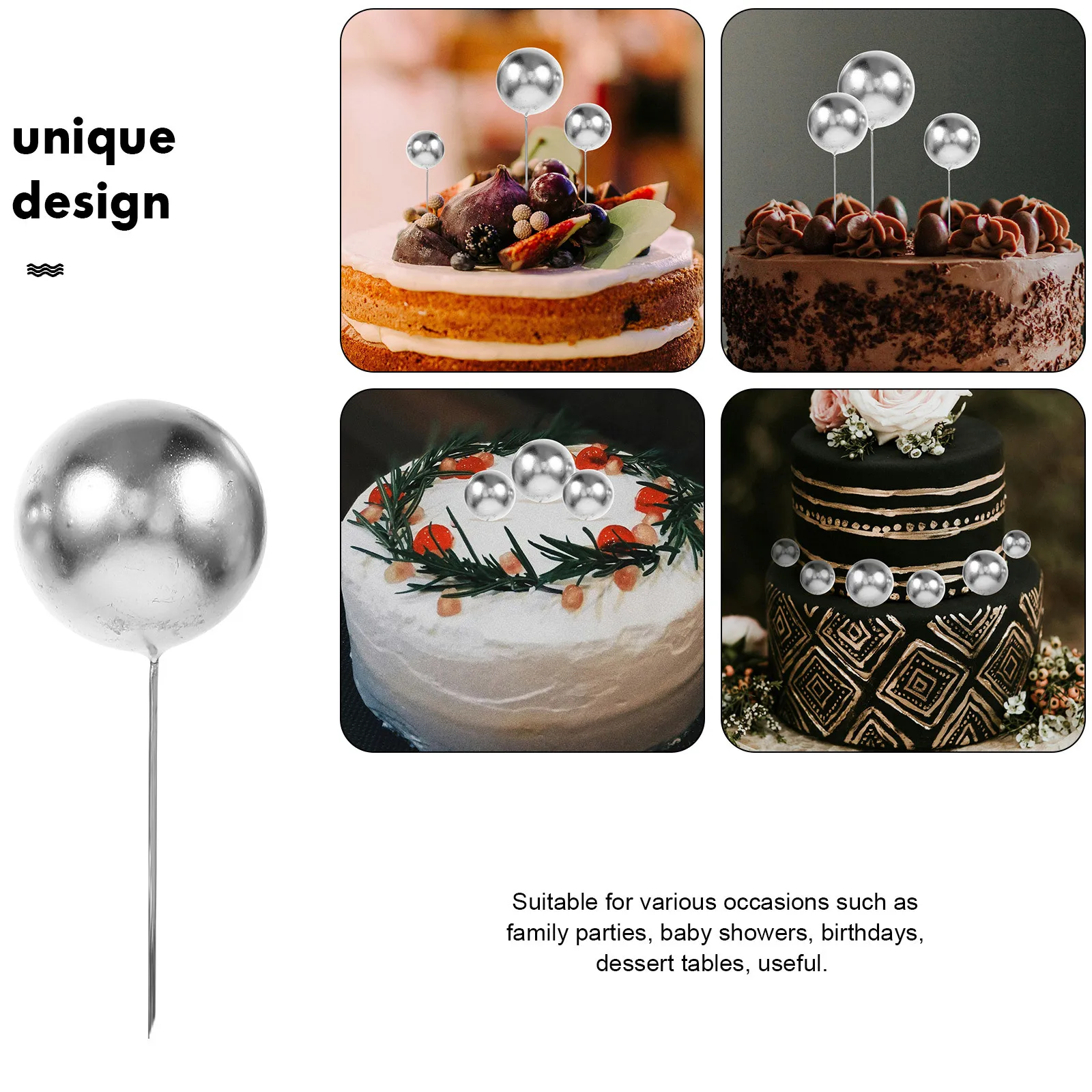 

108Pcs Silver Balls Cake Topper Mini Balls DIY Insert Decorations Birthday Cupcake Picks Party Dessert Table Cake Decorations