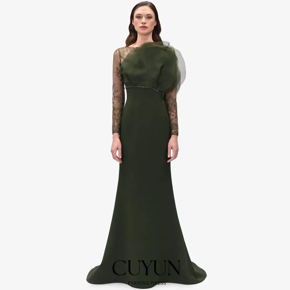 CUYUN Customized Boat Neck Lace Long Sleeves Ruched Evening Dresses Beaded Elegant Women Formal Party Gown Floor-length