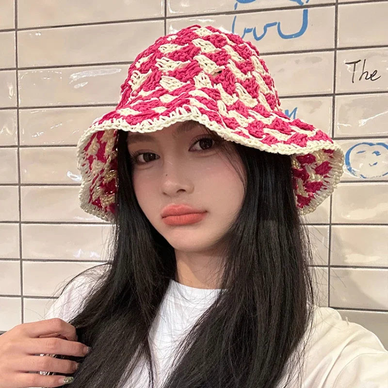 Women Summer Color Matching Pineapple Pattern Hand-woven Straw Caps Fashion Versatile Sunscreen Big Brim Bucket Hat