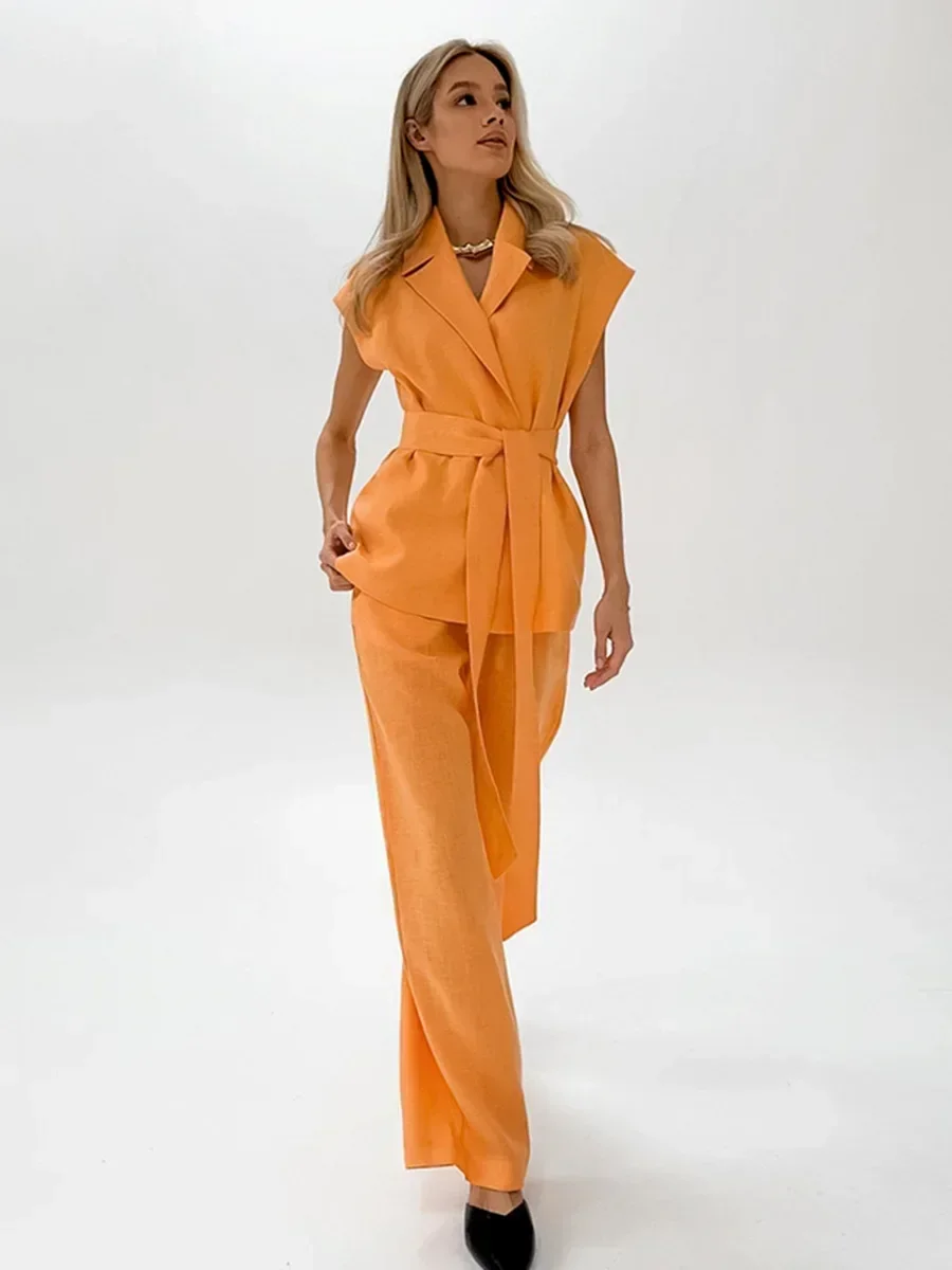 

Brightly Orange Cotton Linen Pants Suits Notched Lace-Up Shirts And Wide Legs Pants Summer Office Ladies 2024 Casual