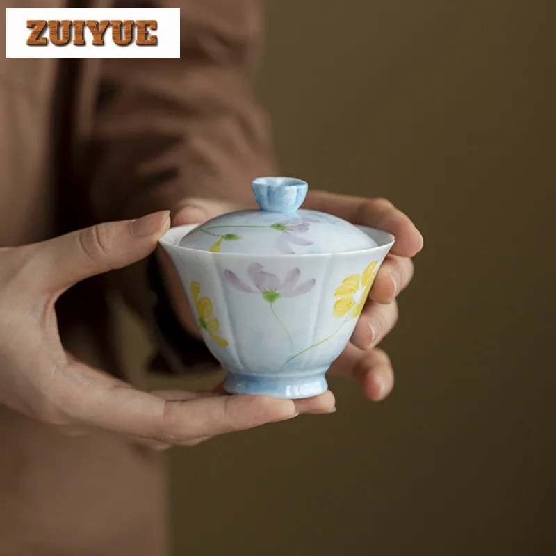 

115 мл Белый фарфор, ручная роспись, цветок Галланга, Гавань, элегантная чайная варена, чайная чаша с крышкой, комплект чайника, крышка, чаша, посуда