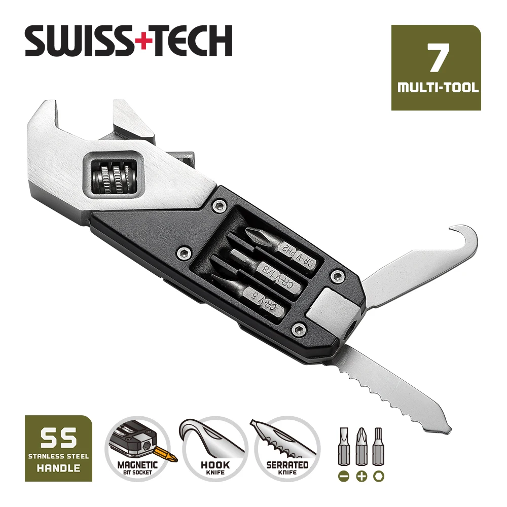 SWISS TECH 7-IN-1 Adjustable Pocket Wrench Multitool With 3-Sizes Screwdriver Portable EDC Hand tools Outdoor Camping Equipments