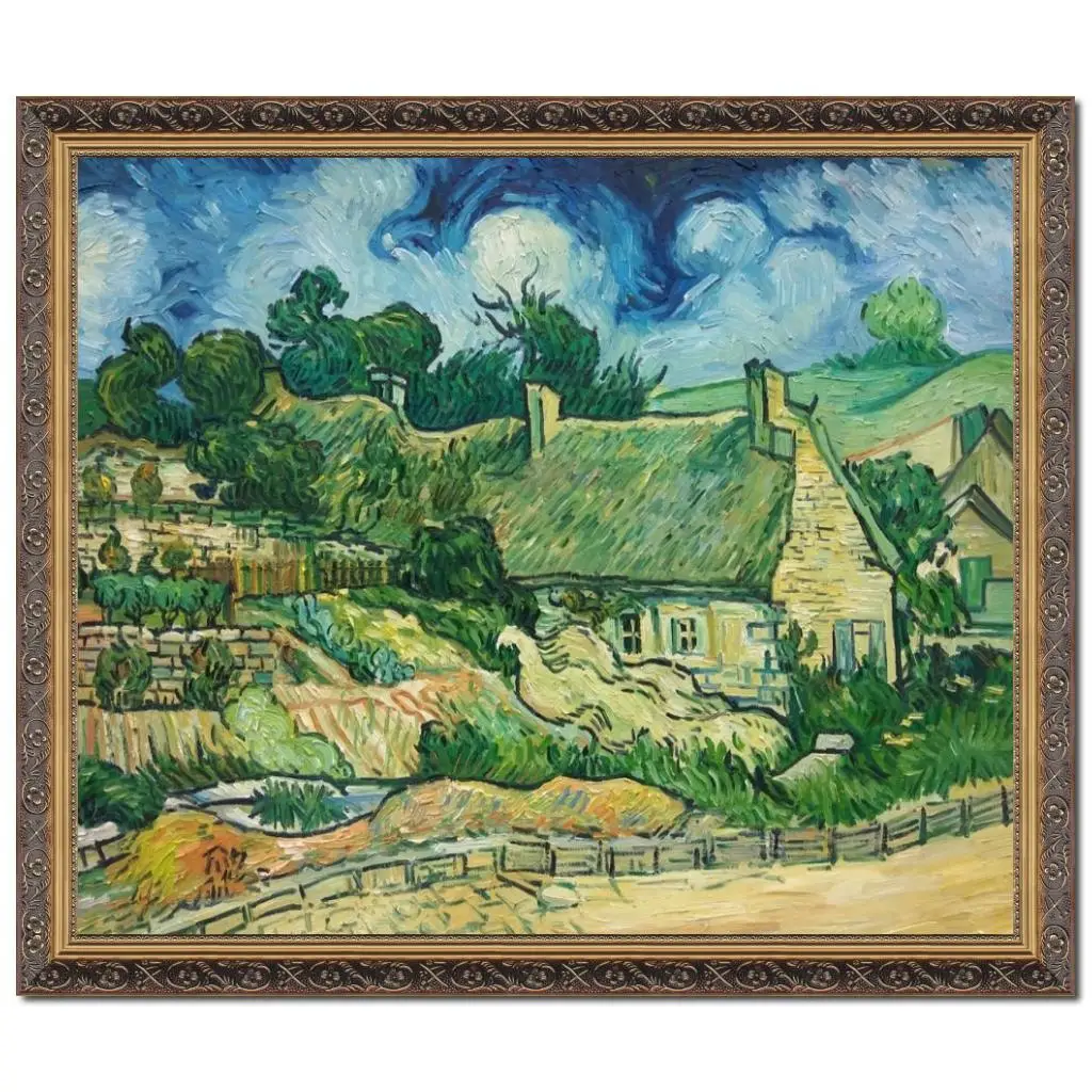 

Thatched Cottages Framed Vincent Van Gogh Painting Canvas Art Handmade Village Landscape Artwork Modern Home Decor 20"x24"