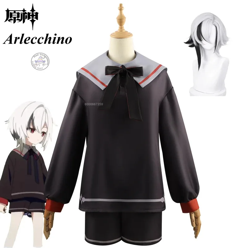 

Game Genshin Impact Young Arlecchino Cosplay Costume Cute Women Role Play Wig Bow tie black Outfit Comic-Con Halloween Party