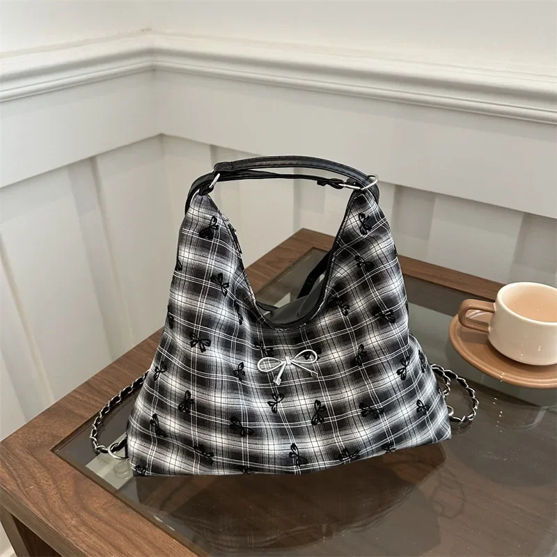 

Plaid chain casual shoulder bag bow messenger tote bag