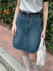 Denim Skirts Women Ulzzang Gentle Vintage A-line Knee-length Summer Office Lady Basic High Waist Washed Korean Fashion Students