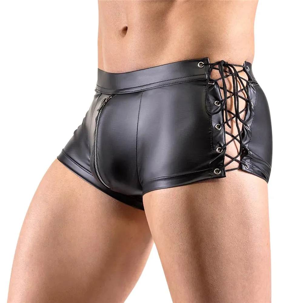 Mens Sexy Underwear Latex Wetlook Tight Pants Leather Lace-up Zipper Boxer Shorts Men Nightclub PU Leather Shorts Dance Clubwear