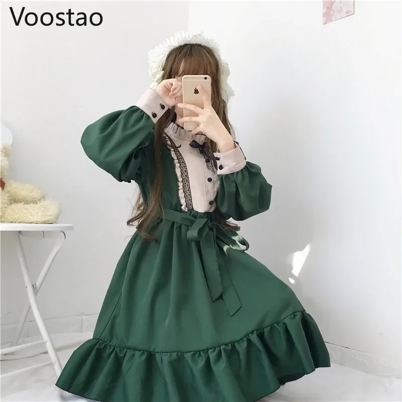 Japanese Kawaii Lolita Tea Party Dresses Women Ruffles Long Sleeve Gothic Bow Lace Dress Vintage Victorian Sweet Maid Vestidos M