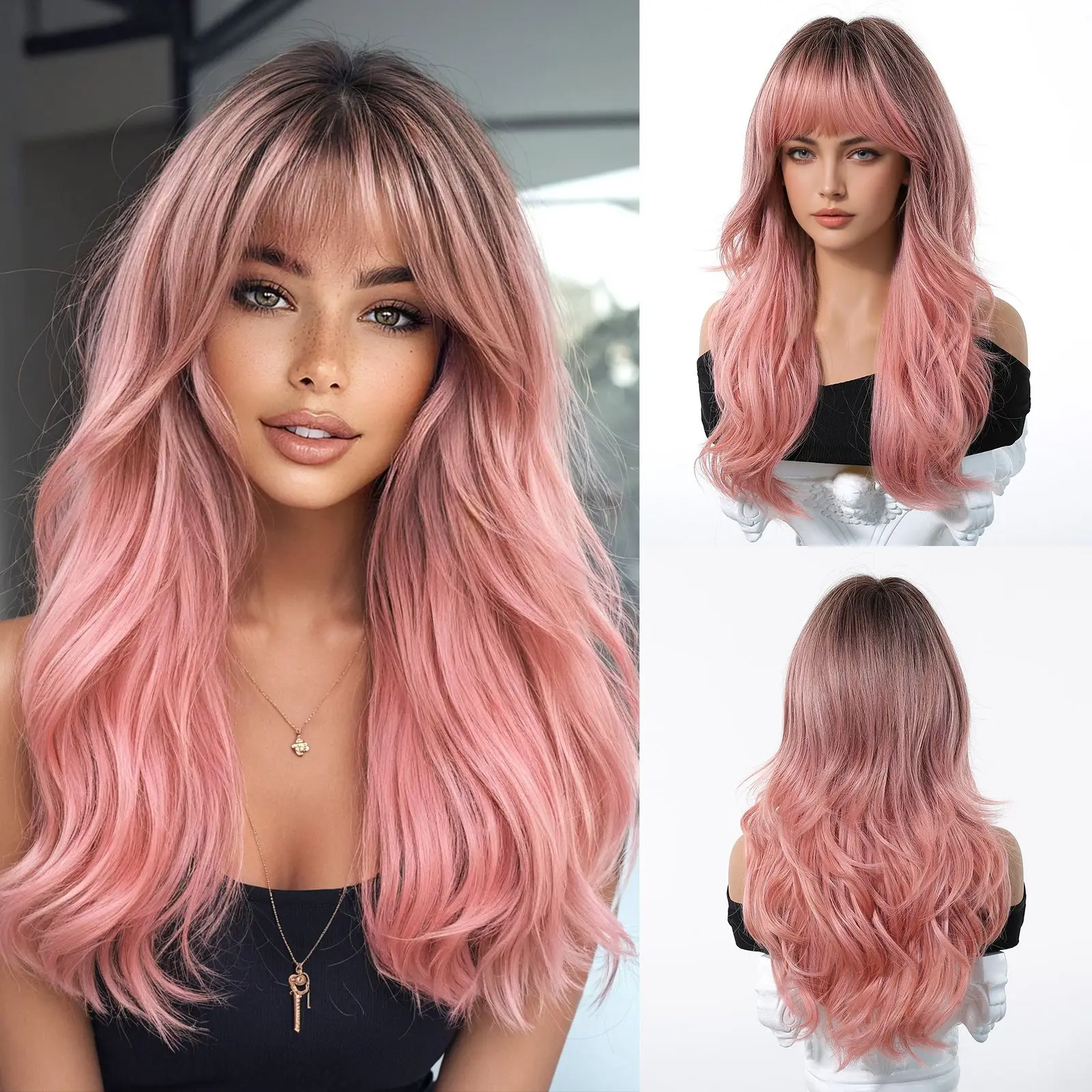 ALAN EATON Long Pink Synthetic Natural Wavy Dark Root Wigs with Bang for Women Party Daily Cosplay Use Heat Resistant Fiber