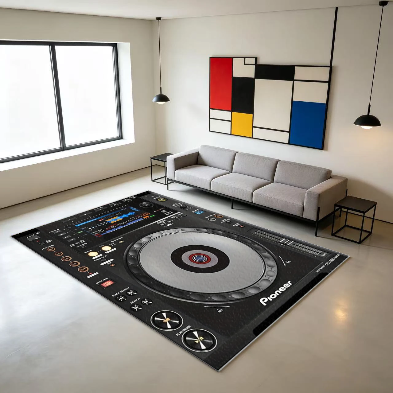 Dj Turntable Music-Themed Carpet with Retro Record Player Pattern for Home Bar and Living Room Flooring