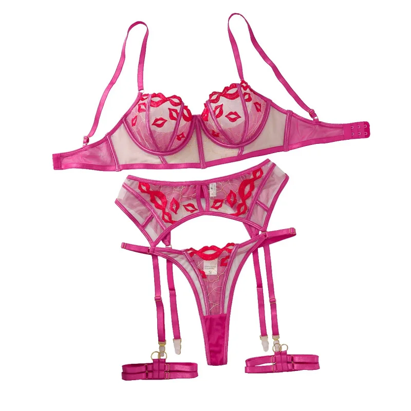 Labbra rosse americane Ricamo Colore a contrasto Abito sexy trasparente alla moda Anello in acciaio Push up Set di quattro pezzi di biancheria intima sexy
