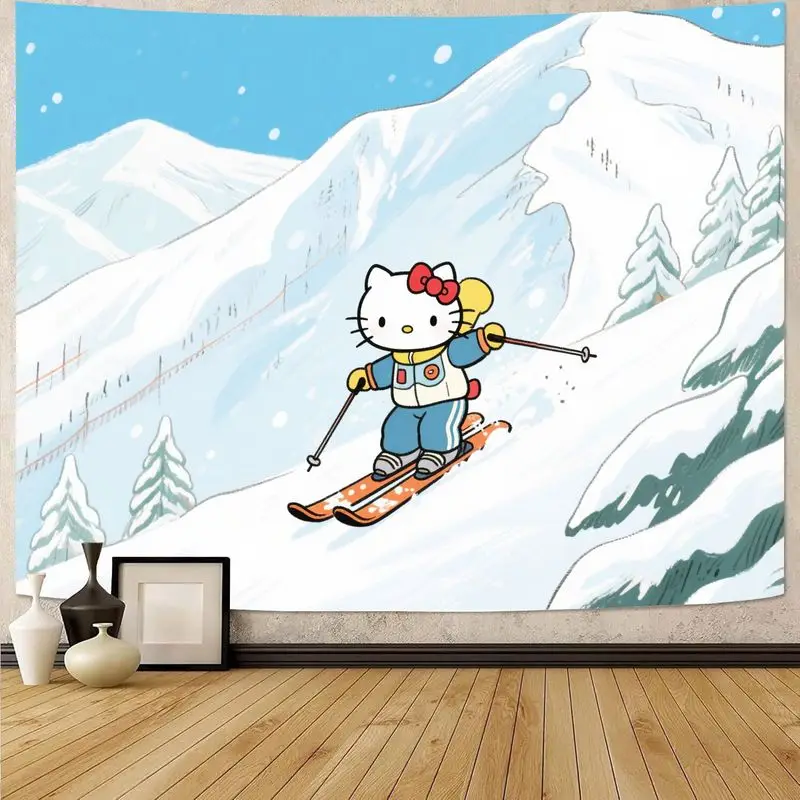 

1 шт. Sanrio Hello Kitty лыжный гобелен зима снежная гора Kawaii настенное искусство современный полиэстер Декор для гостиной спальни подарок