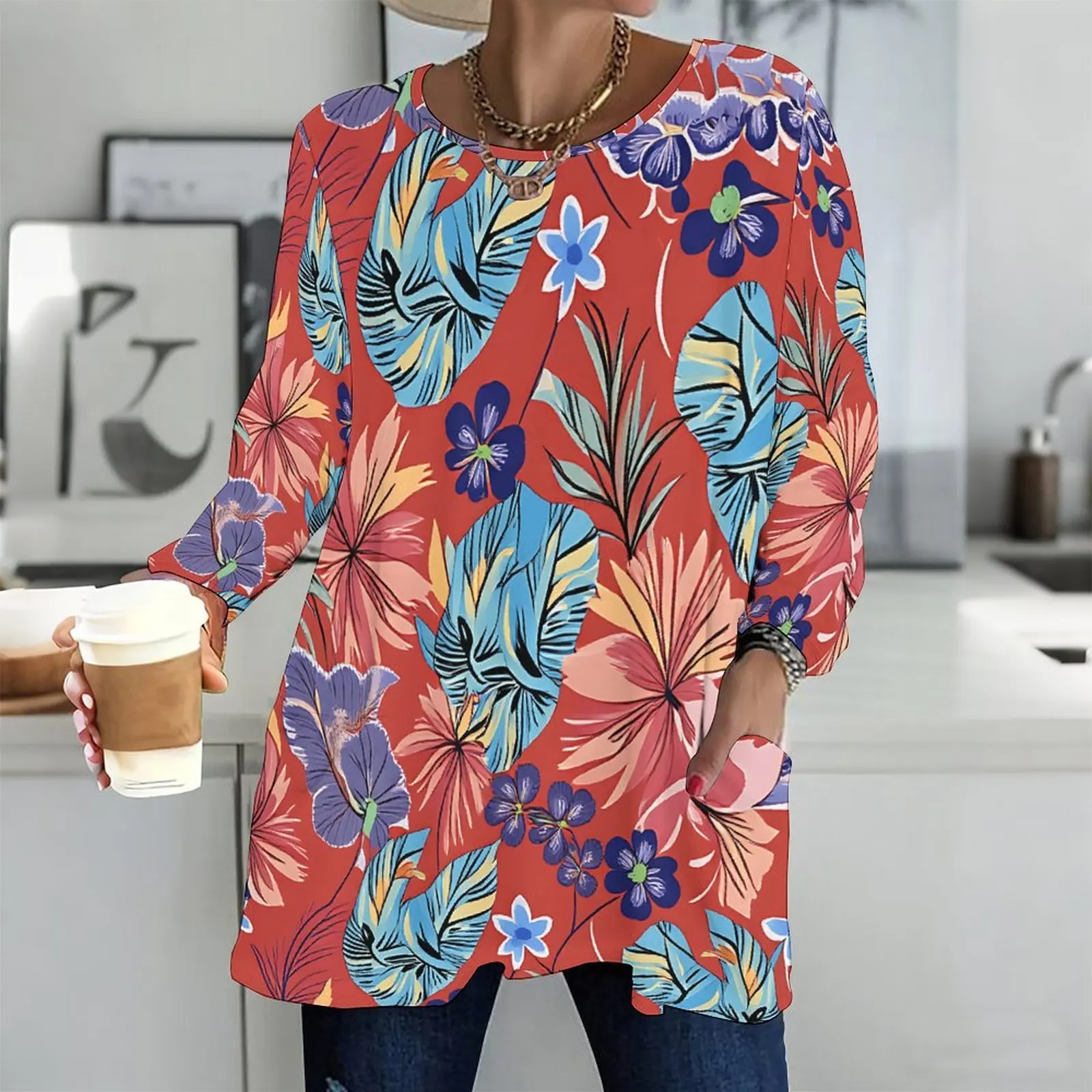 Printed Top for Women Round Neck Long Sleeve Front Pockets Loose Fit Longline 2