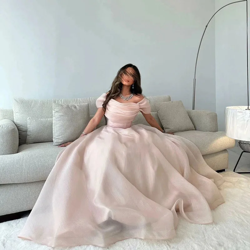 Musetta Off The Shoulder Pink Organza A-line Prom Dresses Cowl Neck Pleat Arabic Dubai Long Dance Party Gowns Robe De Soirée