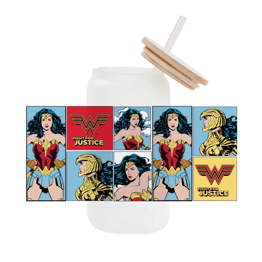 New Arrival DC Wonder Woman UV DTF Cup Wrap for 16Oz Libbey Diana Prince Glass Can DIY Transfer Sticker