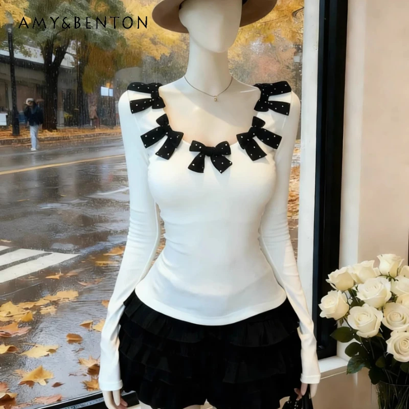 

Original Design 3D Bow Long Sleeve Women's T-Shirts 2026 Spring Autumn New White Temperament Slimming Bottoming Shirt Top Ladies