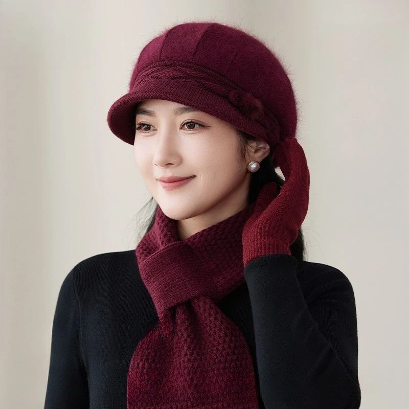 Rabbit Hair Beret Thermal Kit Hat Female Rabbit Hair Blended Winter Plush Thermal Wool Hat in The Elderly Knitted Hat Scarf Set