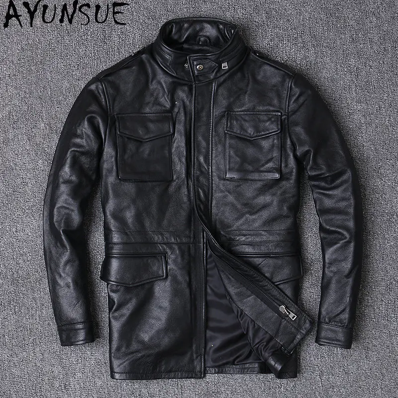 AYUNSUE Top Layer Cowhide Real Leather Trench Coats for Man High Quality Mid-length Genuine Leather Jacket Men Clothing 8XL