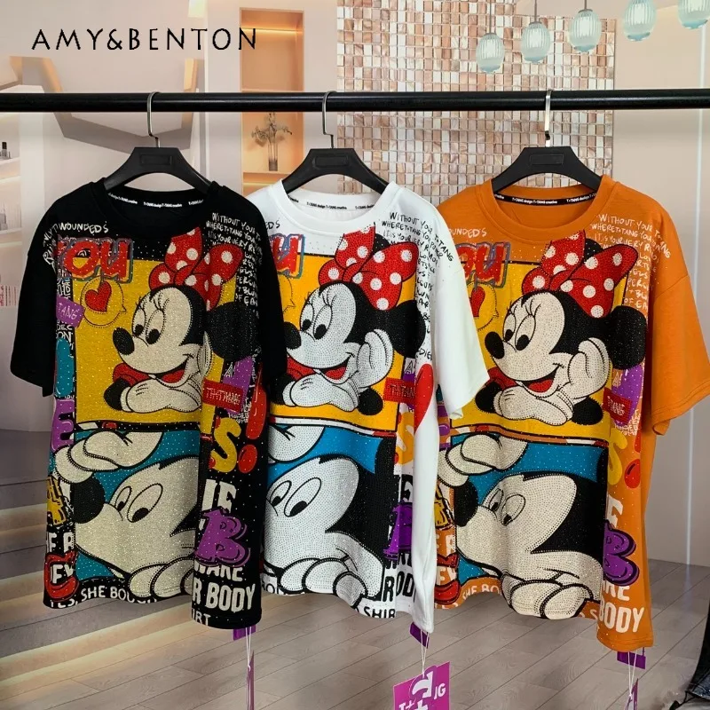 

Trendy Brand Fashion Heavy Craft Full Diamond Cartoon Tees Age-Reducing Loose Short Sleeved T-shirt For Women's Kawaii Clothes
