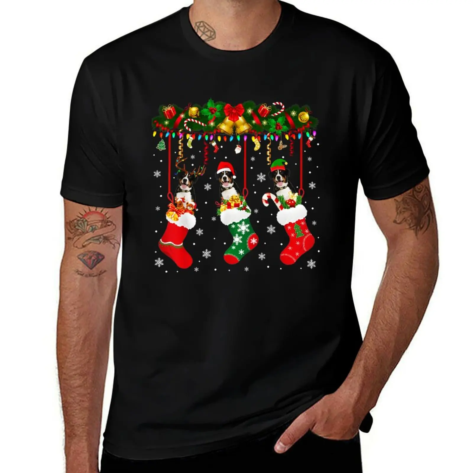 Entlebucher Mountain In Sock Xmas Reindeer Santa ELF Dog T-Shirt All Match Print Short Sleeve Top