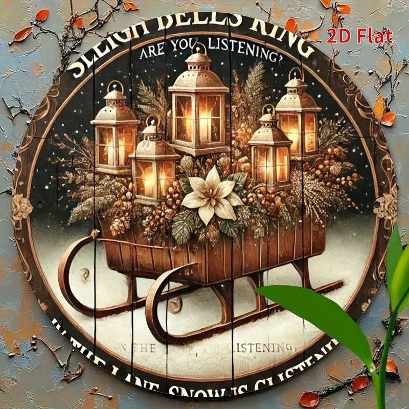 [مسطح [مسطح] قطعة واحدة من لافتة الحائط المعدنية الحديدية المستديرة - إكليل عيد الميلاد العتيق مع رجل الثلج والأجراس وفروع الصنوبر - متين للاستخدام الداخلي/الخارجي