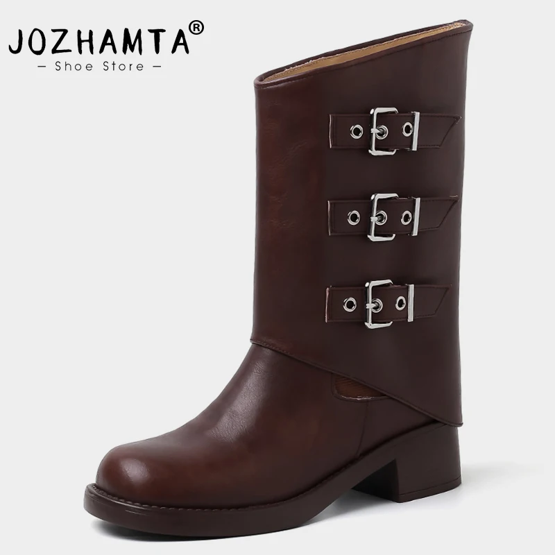 

JOZHAMTA Size 34-39 Women Mid Calf Short Boots Wide Calf Genuine Leather Buckle Fold Over Fall Winter Thick Heels Shoes Booties