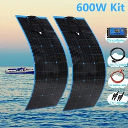 Solar Panel Kit 300W 600W 12V Battery Charger Flexible Solar Energy Power with 60A Controller Outdoor for Car RV Marine Camper