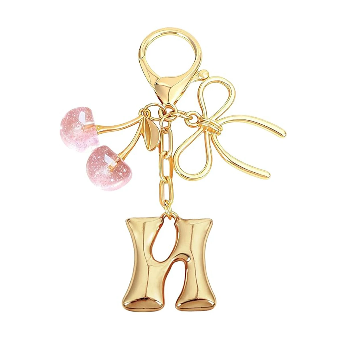 Gold Letter Bubble Initial Keychain with Bow & Cherry, Cute Handbag Accessory