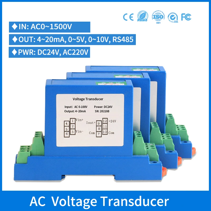 Transmissor Monofásico de Tensão ca Saída Analógica 01500v 05v 420ma Sensor de Alta Tensão