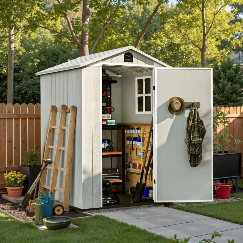 Paatiowell 4x4 FT Plastic Outdoor Storage Floor,Resin Outside Tool Shed with Window and Lockable Door for Backyard Ga