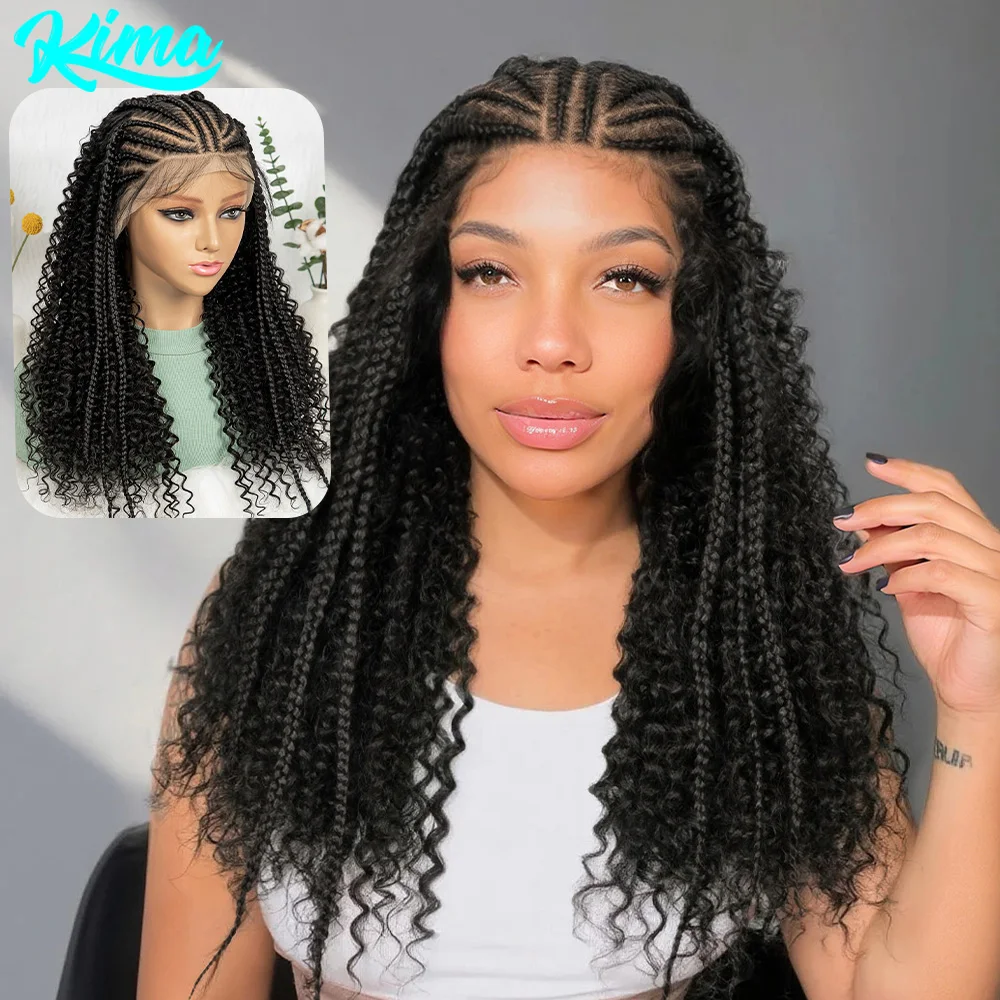 

Cornrow Braided Curly Hair Wig Transparent 13x6 Lace Synthetic Braided Wig Deep Wave with Pre-plucked Hairline For Black Women