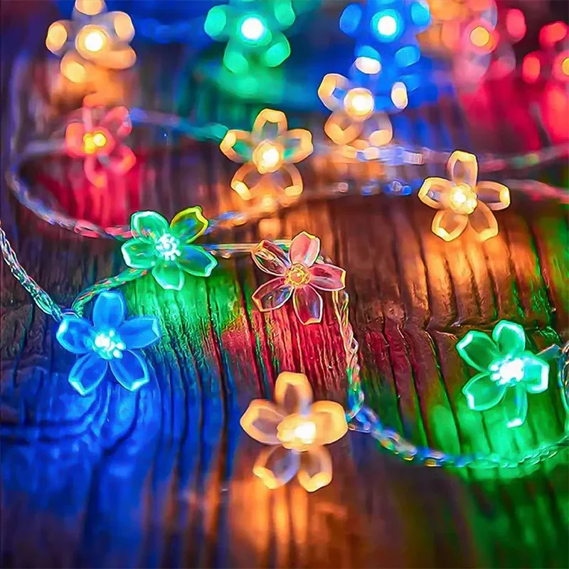 Cadena de luces LED con forma de flor, luz de cuento de hadas USB, decoración de árbol de Navidad, decoración del hogar, fiesta, luz Solar impermeable IP65