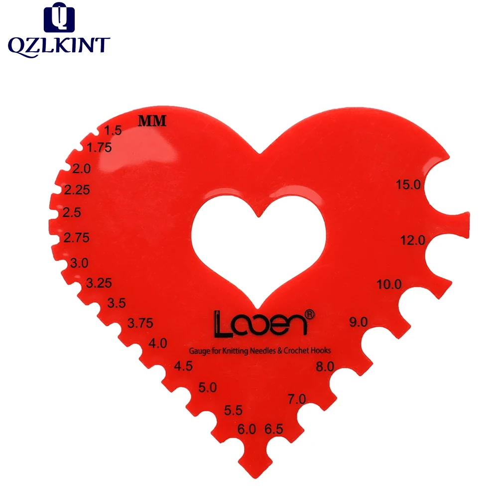 

1 piece of red heart-shaped crochet hook and knitting needle size measuring ruler, 1.5-10mm sewing accessory tool