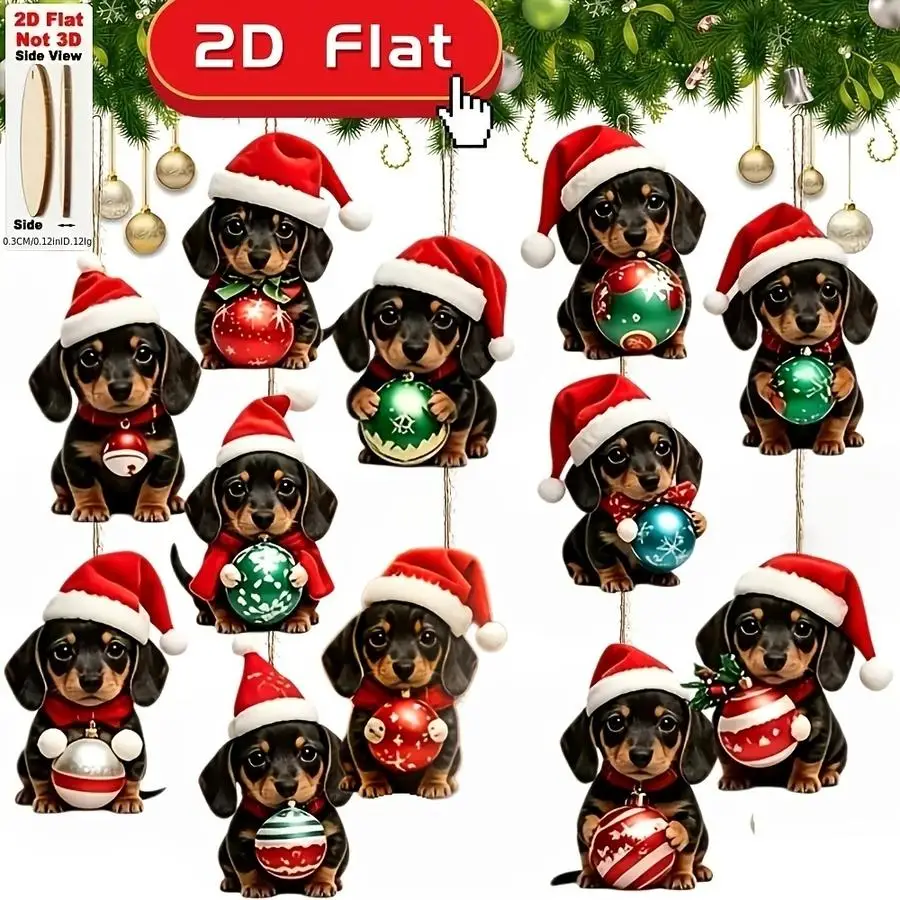 1/5/10/20/50/100pcs 2D Flat Dachshund Christmas Ornaments, 12-Piece Set - 2D Flat Design Suitable for Hanging Decorations in the
