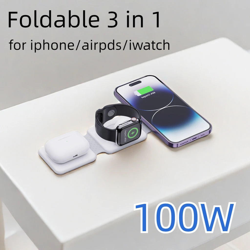 Fast 100W Magnetic Wireless Charger for iPhone 14 13 Pro Max 3 in 1 Wireless Charger Portable for Apple Watch/AirPods 3in1 Stand