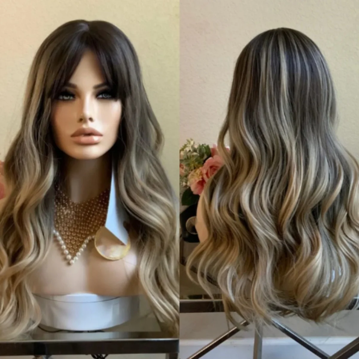 

Пепельно-платиновый блондин, парик спереди, темный корень, средняя часть тела, волнистый синтетический парик с челкой, удобный парик из натуральных волос