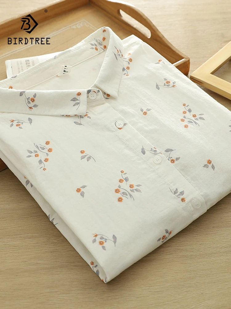 

New 2025 Summer Cotton Yarn 3/4 Sleeve Shirt, Women Turn-down Collar Printed, Mori Girl Soft Versatile Loose Blouse T54213CC