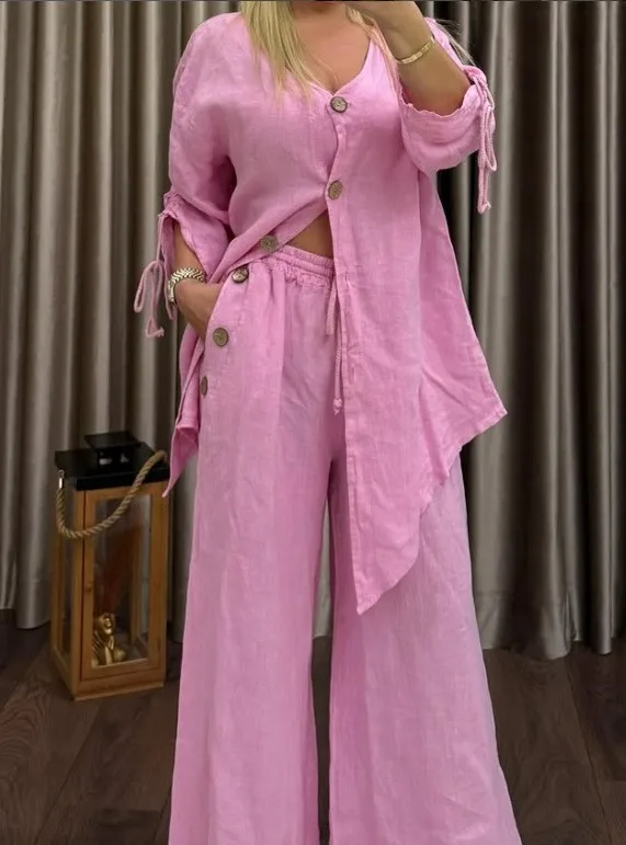 

Casual Cotton Linen Two Piece Set Loose V-neck Single Breasted Long Sleeved Lace Up Shirt High Waist Wide Leg Pants Set Women