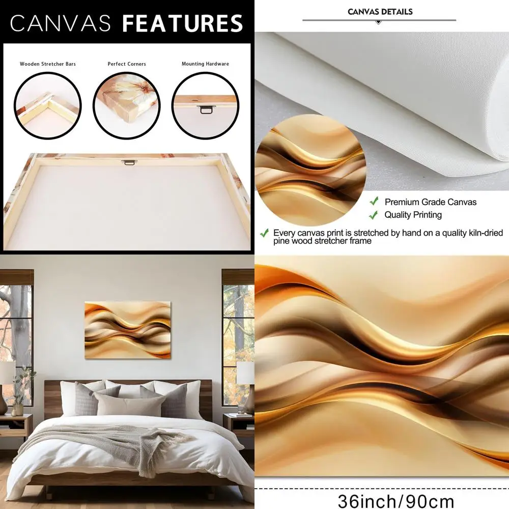 

Современное абстрактное искусство на холсте — 24x36 золотых и коричневых волн с оранжевыми и белыми линиями — готовый к повесить настенный декор