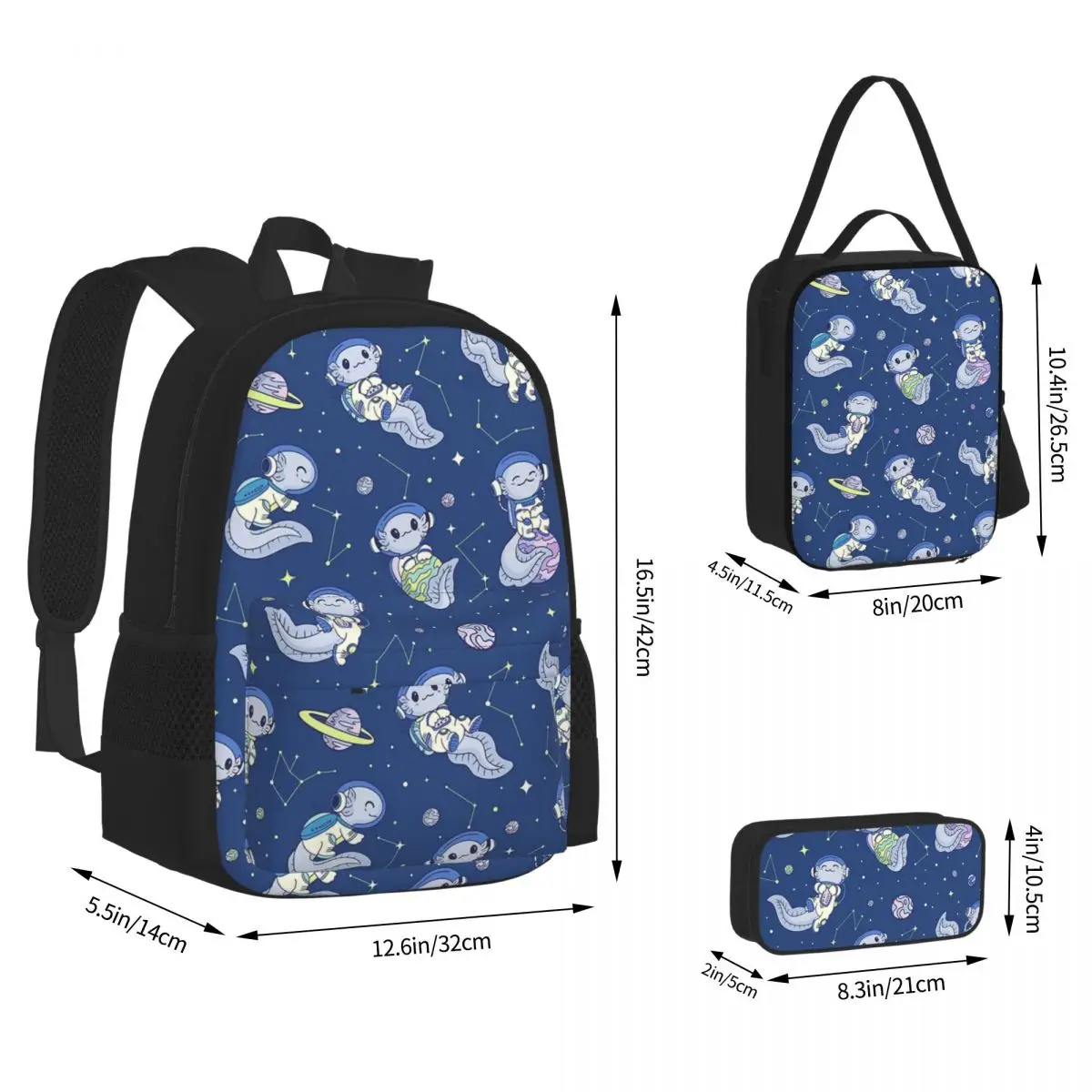 Conjunto de três peças de mochilas com padrão Axolotl para meninos e meninas, mochila infantil, lancheira, bolsa de caneta, que ama axolotls