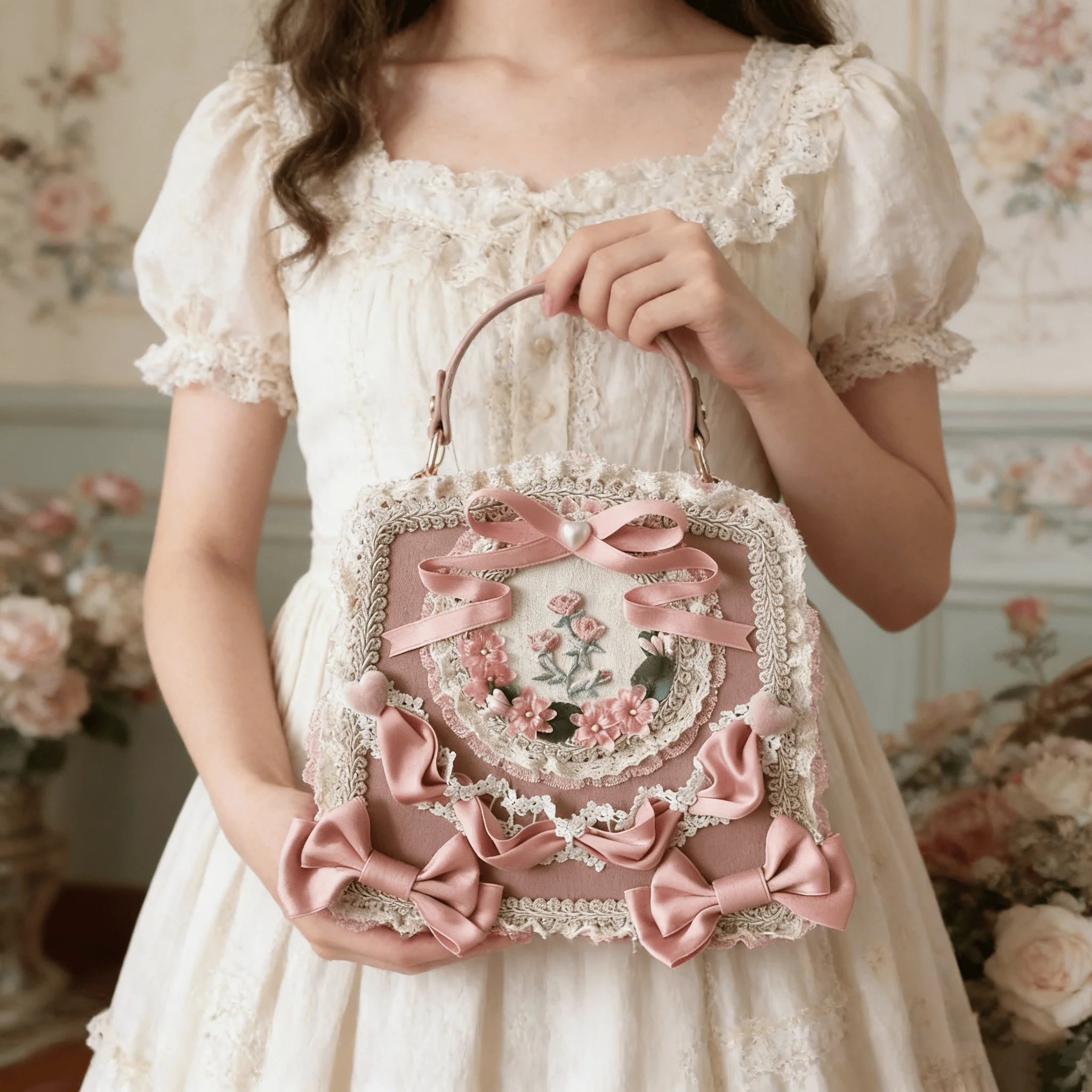 ヴィンテージピンクレースハンドバッグ、女性用、リボン刺繍フラワーロリータバッグ、レトロビクトリアンコテージコア風財布、プロム、結婚式、パーティー用
