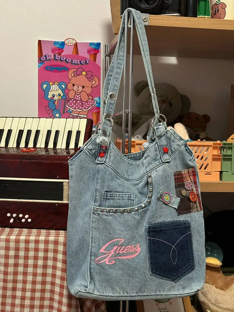 JIAERDI Harajuku Denim Tote Bag Women Hot Girls Pocket Chic Large Capacity Casual Handbag Female Vintage Y2k Handbag Aesthetic