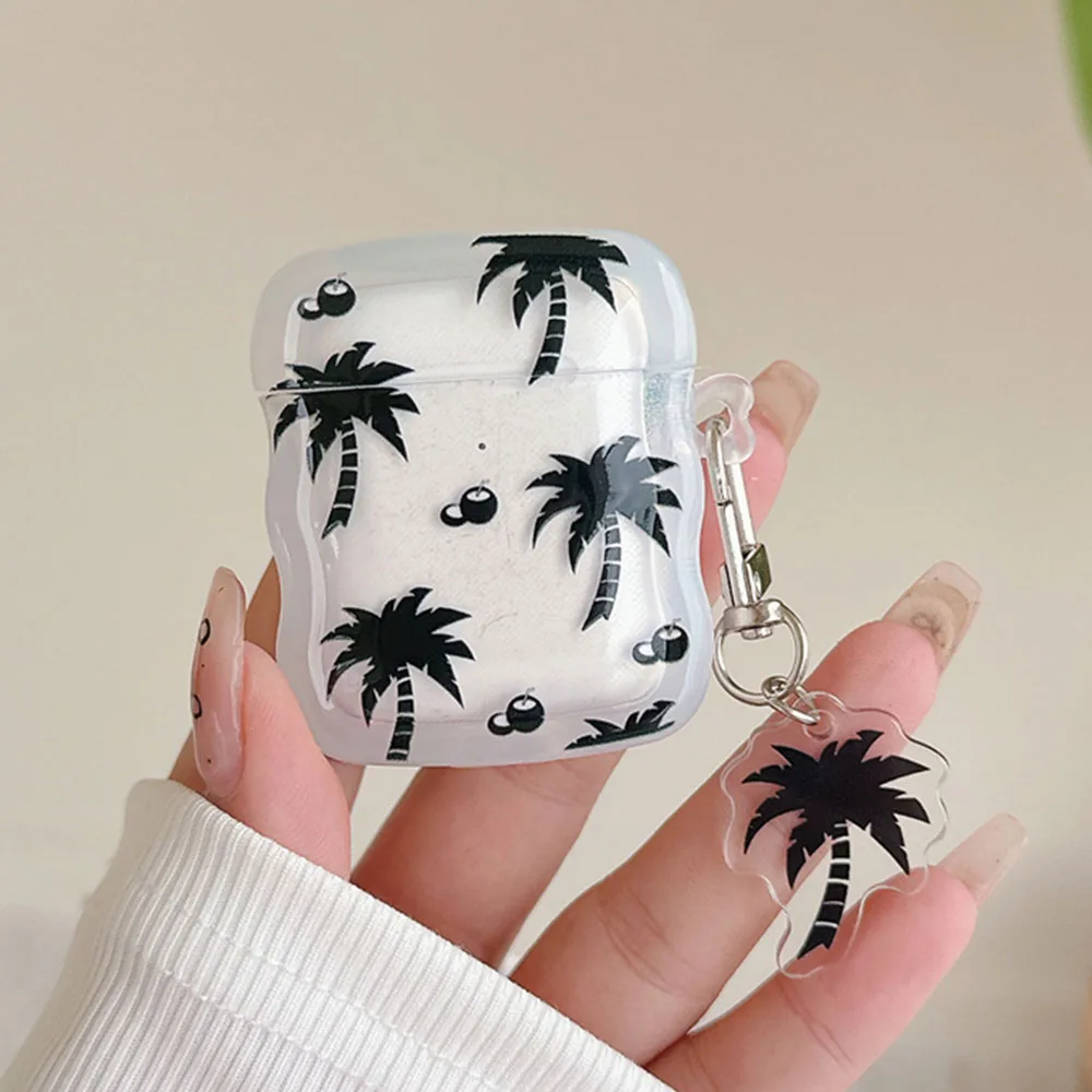 สีดํามะพร้าวต้นไม้รูปแบบวัวสําหรับ Apple Airpods 3 Pro 2 1 หูฟังบลูทูธฝาครอบอุปกรณ์ป้องกันพร้อมพวงกุญแจ